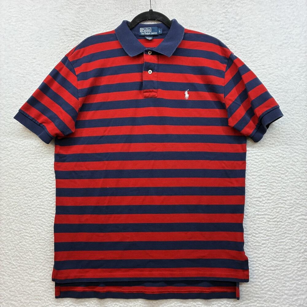 Vintage Polo By Ralph Lauren Polo Shirt Mens Large Red Navy Striped Pony Golf